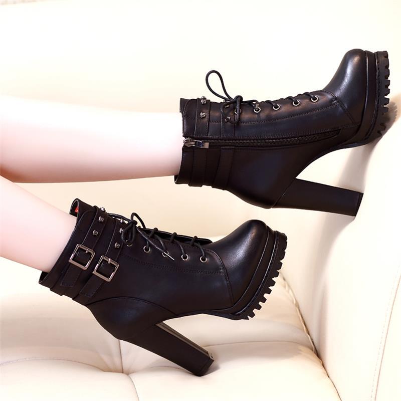 2026 Autumn and Winter New British Style Martin Boots Women's Short Boots Chunky Heel Platform High Heels Lace-Up Versatile Fleece-Lined Women's Boots