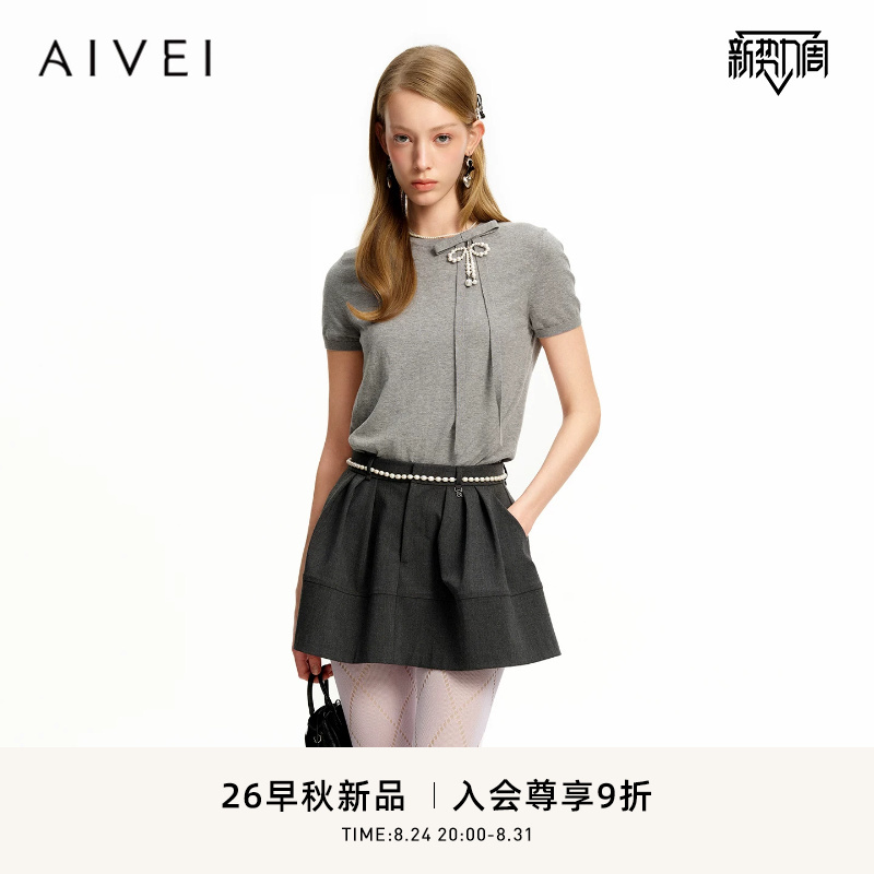 Aivei Xinhe Aiwei 2026 Autumn New Sweet and Soft Style Bowknot Short-Sleeve Knit Top Xsv5M14B Aivei Xinhe Aiwei 2026 Autumn New Sweet and Soft Style Bowknot Short-Sleeve Knit Top Xsv5M14B
