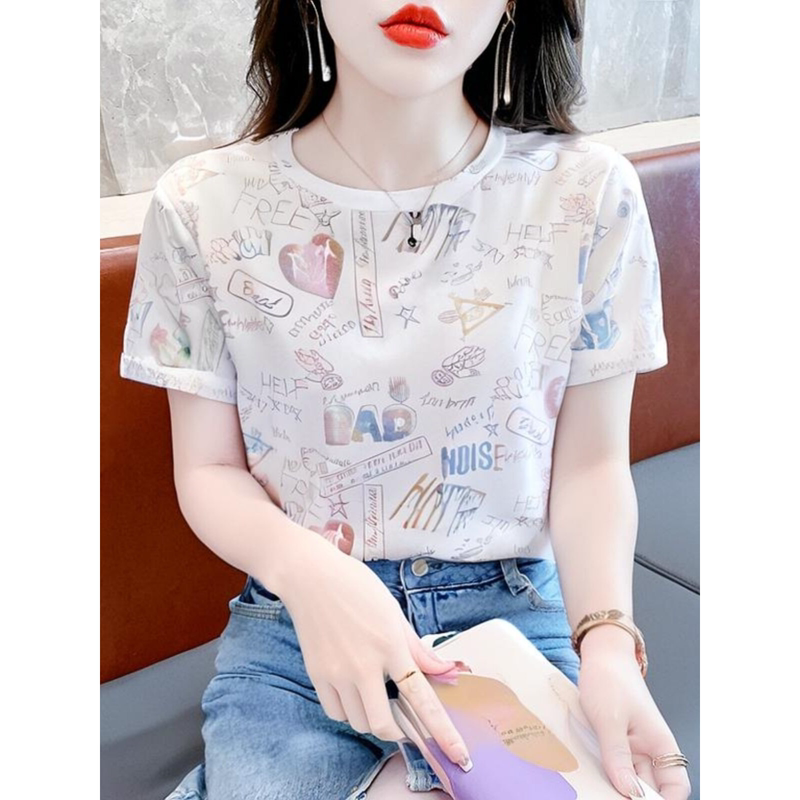 Women's Summer 2026 New Style Loose-Fitting Slimming Short-Sleeve T-Shirt with Unique Print, Pure Cotton, Stylish Top