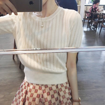 Ice silk knitted short sleeve t-shirt women loose 2021 summer New Tide Korean slim round neck short hollow top