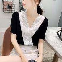 Chiffon shirt womens short sleeve 2021 summer New Tide Korean version of temperament design sense vneck small shirt foreign style lace top