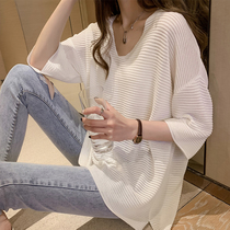 Ice silk short sleeve t-shirt women loose 2021 summer new Korean version of V collar slim knitted base thin foreign style top