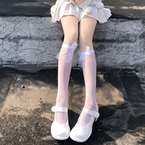 White streamer ribbon ribbon stockings calf socks jk girl middle tube over knee black stockings lolita middle tube stockings