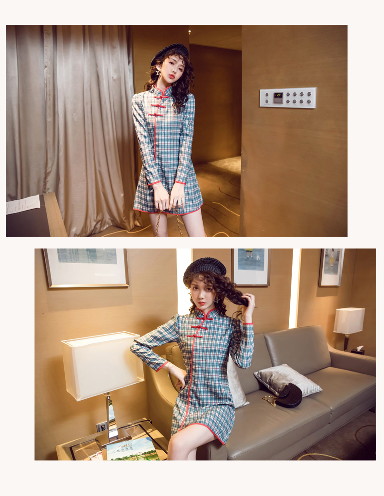 VK旗艦店 中國風復古旗袍改良版格紋盤扣修身長袖洋裝