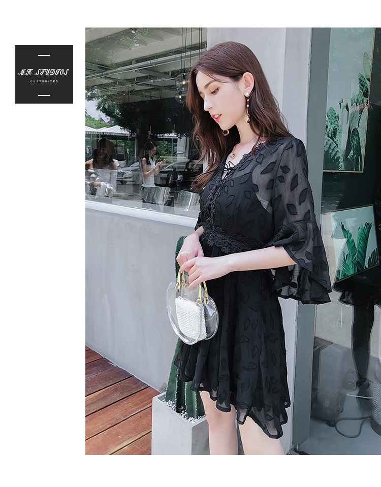 DABI 韓國風名媛氣質繫帶領蕾絲印花短袖洋裝