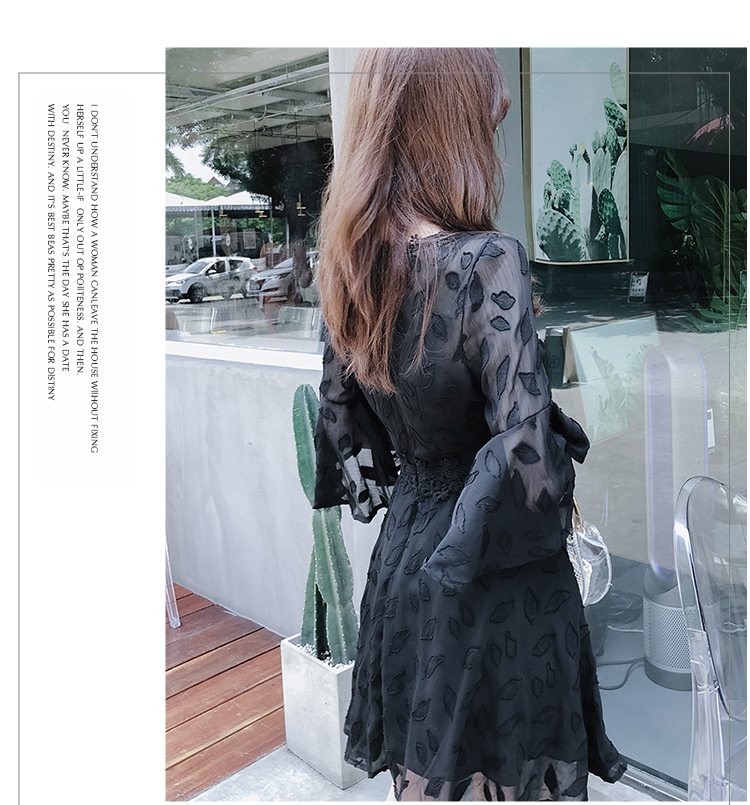 DABI 韓國風名媛氣質繫帶領蕾絲印花短袖洋裝