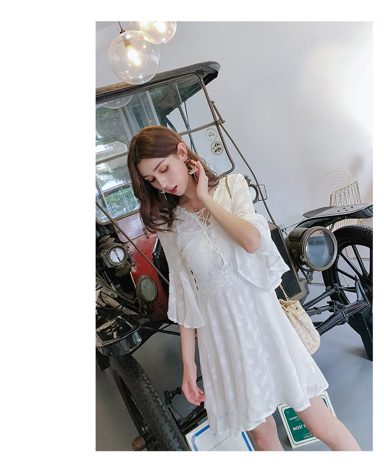 DABI 韓國風名媛氣質繫帶領蕾絲印花短袖洋裝