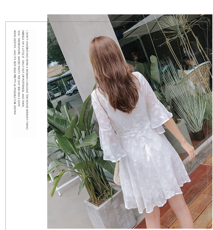DABI 韓國風名媛氣質繫帶領蕾絲印花短袖洋裝