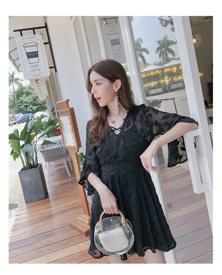 DABI 韓國風名媛氣質繫帶領蕾絲印花短袖洋裝