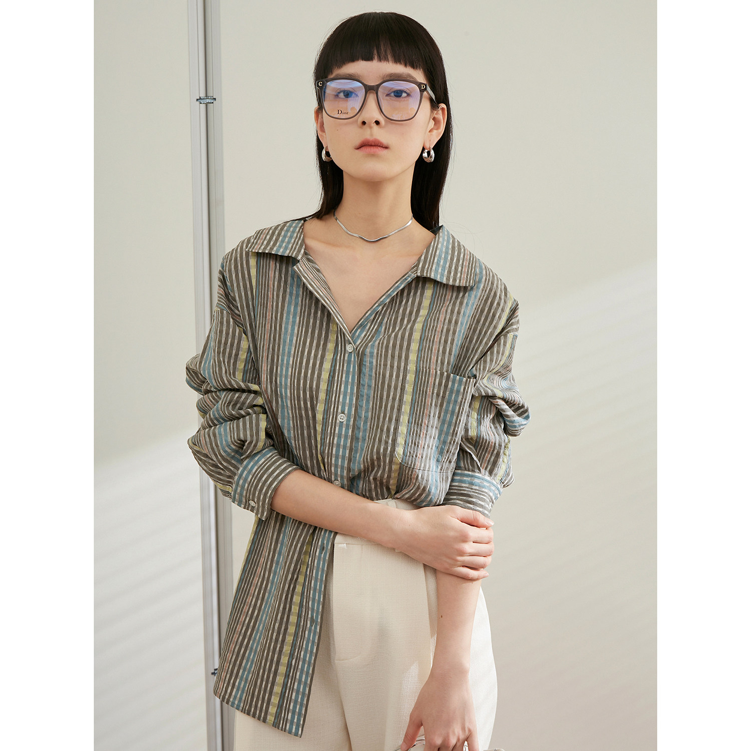 Eel MUN Italian limited salt process long sleeved striped shirt wears a thin and loose summer and autumn