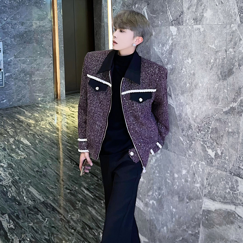 Yifan Tweed Jacket with Patchwork Design and Casual Flared Pants for Men, Trendy Two-Piece Set