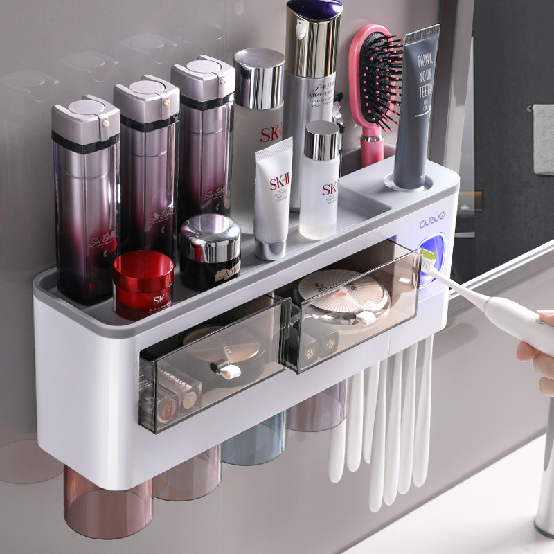 Fully automatic squeezing toothpaste artifact wall-mounted toothbrush free punching lazy squeeze bathroom home shelf set