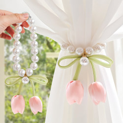 Light Luxury Tulip Magnetic Pearl Curtain Tiebacks, French Simple Style Sheer Curtain Tie Ropes, Decorative Hanging Ties, Gathering Clips