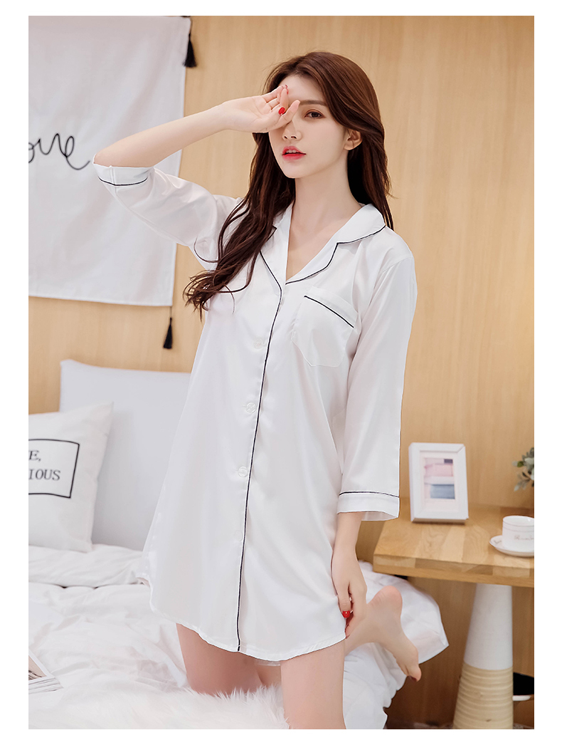 Áo sơ mi trắng họa tiết nữ mùa hè dài gợi cảm băng lụa bạn trai lộng gió áo sơ mi nữ sinh Hàn Quốc áo ngủ đồ bộ mặc nhà mùa hè