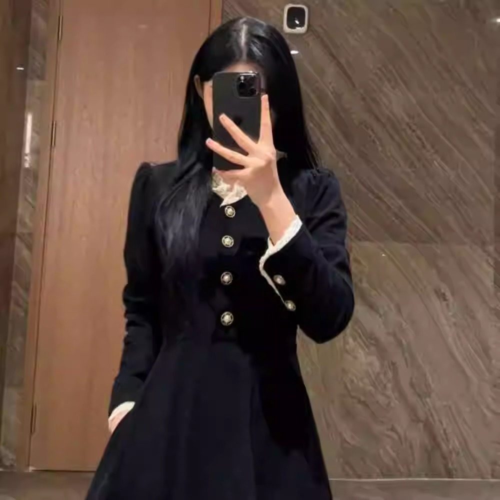 New Spring/Autumn French Retro Hepburn Style Black Dress for Women, High-Waisted Slimming A-line Long Skirt