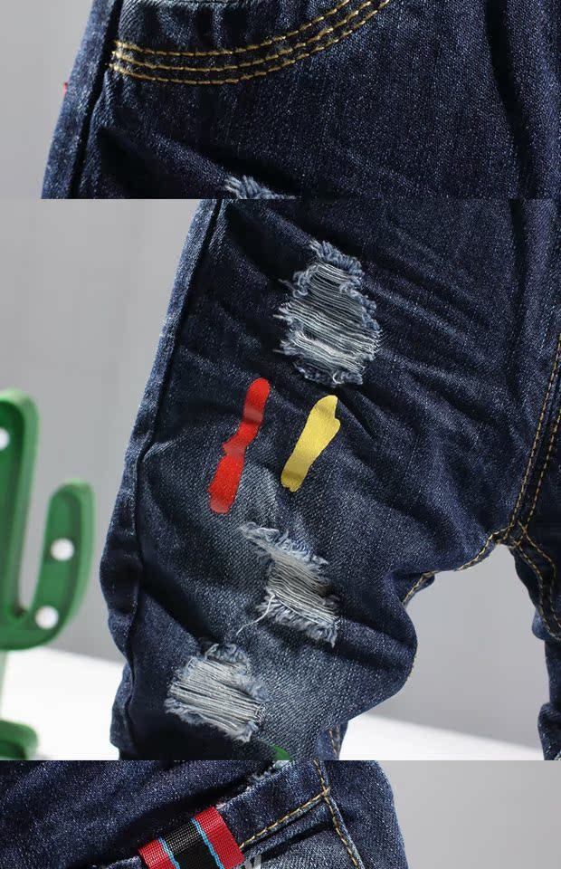 Quần bé trai Quần jean trẻ em Quần đơn 2 Quần giản dị 5-7 Năm Lỗ Đàn hồi Chân Quần mỏng quần ống rộng trẻ em