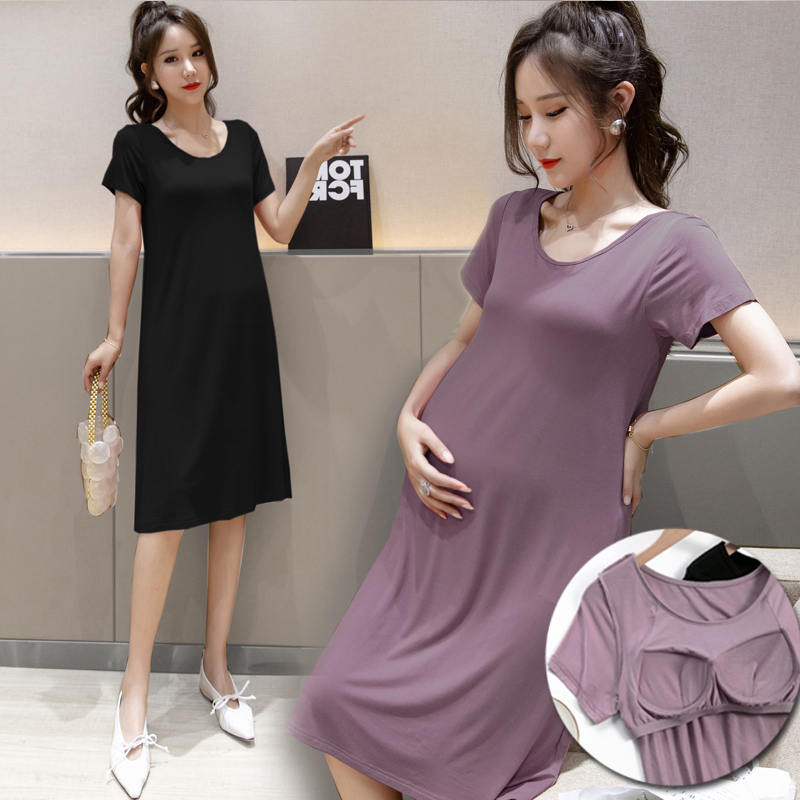 Wearless pregnant woman dress loose large size Model A-word skirt in one-way with chest mat summer skirt thin