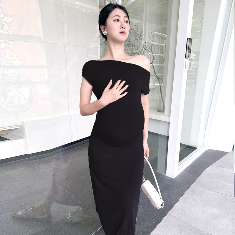 French Pure Cotton Maternity Dress 2026 New Slim-Fitting Hip-Hugging Skirt Summer One-Line Collar Dress Short-Sleeved T-Shirt Dress