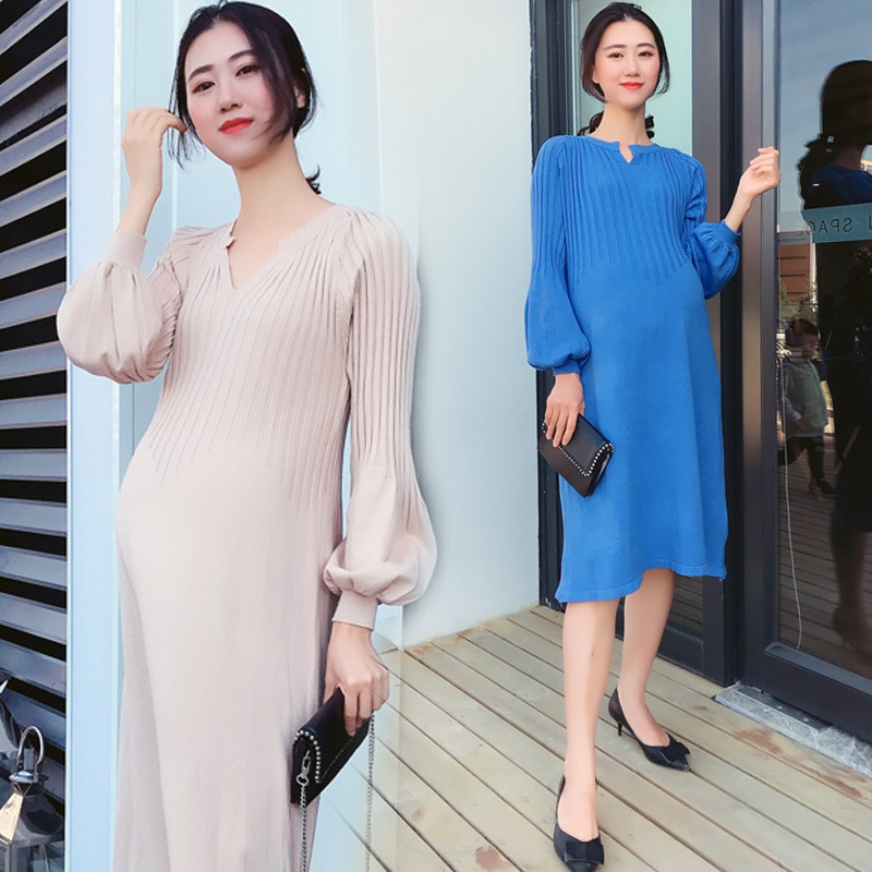 Pregnant women knitted dress High waist belly cover long version sweater Autumn and winter fashion inside the base skirt loose A-line skirt