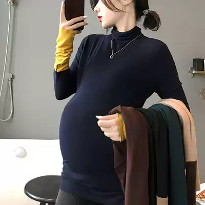 Pregnant women slim knitted long sleeve T-shirt high collar autumn and winter long version of internal clothing splicing sleeve spring and autumn inner coat tide