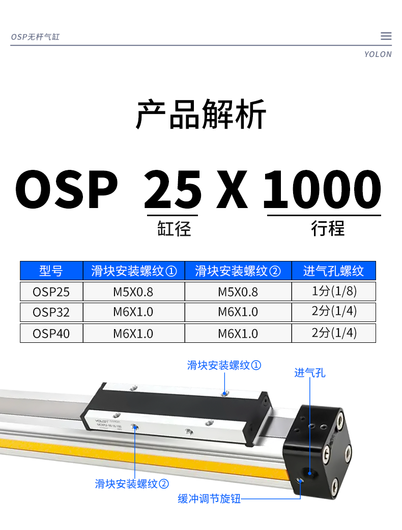 Цилиндр 无杆气缸osp高速机械式带导轨滑台p25/32/40-400-800-1500长行程 Yolon