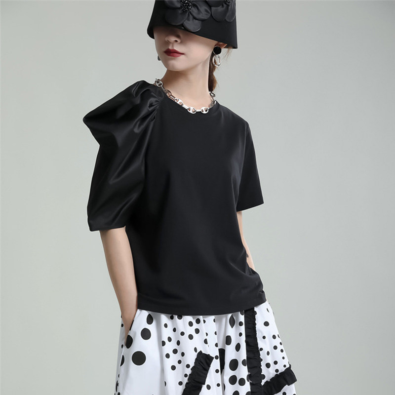 2022 women's summer short-sleeved women's new cotton T-shirt asymmetrical bubble half-sleeved ins super hot top summer