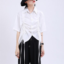 michicat2021 early spring new item dark wind drawstring pleated loose long-sleeved shirt women A2543