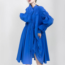 ins hot sale 2021 spring new irregular pleated lantern sleeve large swing shirt pleated medium-long dress female