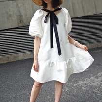 PFF custom niche design super fairy quality white bubble sleeve dress Loose ruffle lace-up A-line skirt