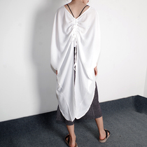 2021 Summer Europe and the United States unique artistic sense behind the drawstring two wear butterfly bat sleeve imitation cotton and hemp pure casual top