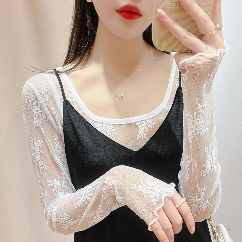 Transparent Lace Top for Women, Lace Base Layer, Sweater Inner Layer, See-Through Mesh Long-Sleeve Black Sheer Hollow-Out Gauze Shirt