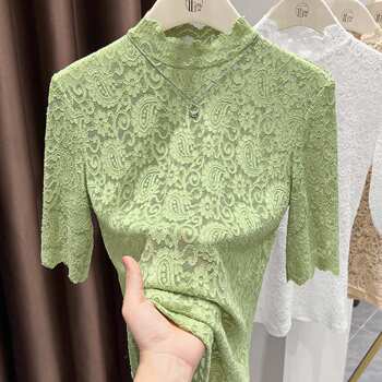 Temperament lace slim fit t-shirt women's half turtle collar short sleeve hollow lace bottoming shirt green thin