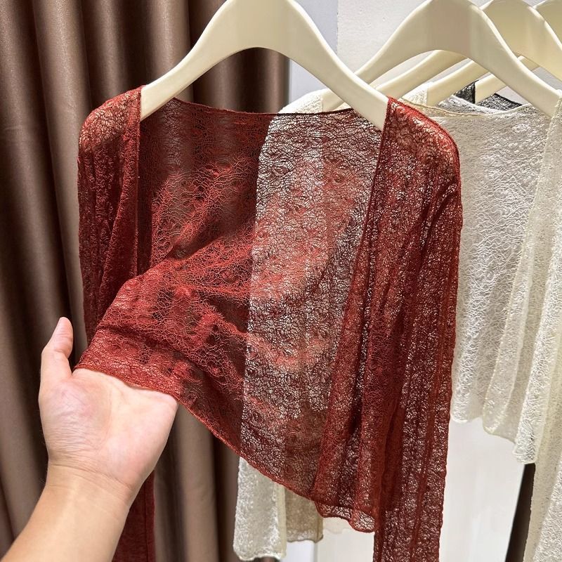 Ankora Red Lace Cardigan for Women, High-End Sun Protection Outerwear, Thin Mesh Shawl Cover-Up for Spring