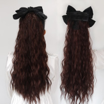 Detachable comb bow ponytail water ripple long corn hot wool roll long wig long curly hair net red