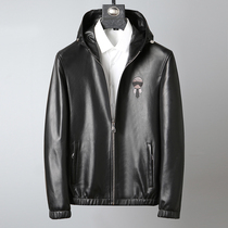 Imported leather leather mens sheep jacket hooded fashion slim mens leather jacket spring and autumn leather jacket