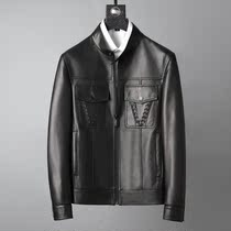 High-end buyers into autumn leather jacket stand collar slim short sheepskin coat middle-aged mens leather leather jacket