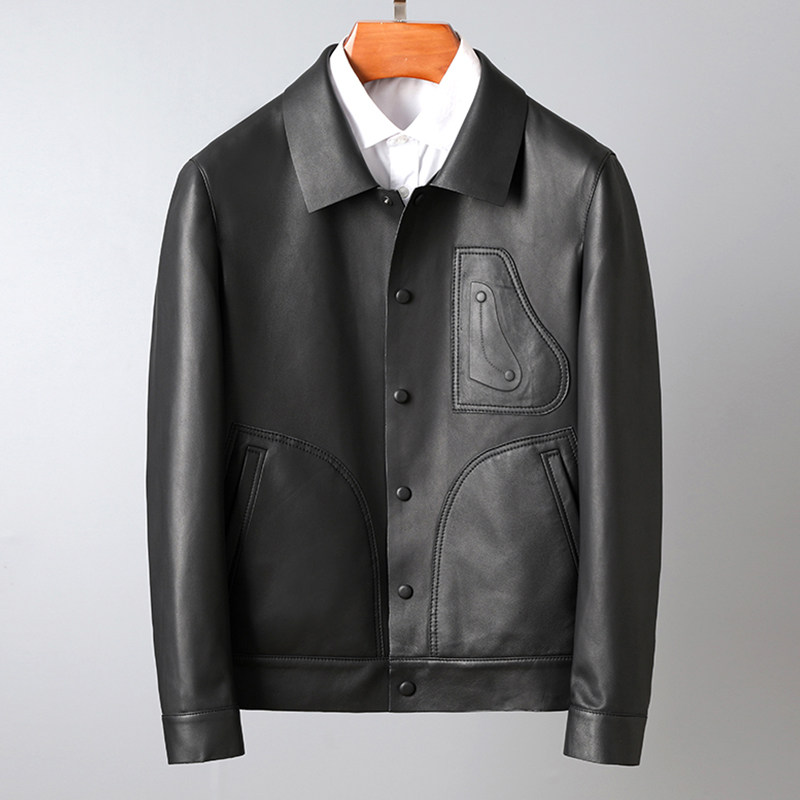 Autumn BI-fit Leather Jacket Classic Saddle Pocket Men's Sheepskin Lapel Leather Leather Jacket