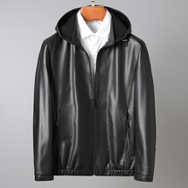 Luxury tasting imported cowhide leather jacket mens removable hooded stand collar jacket leather jacket slim fit