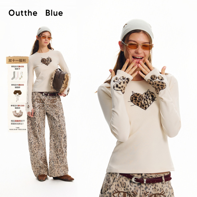 Outthe Blue Sketch Cat Autumn/Winter New Leopard Print Applique Cat Paw Heart Inner Layer T-Shirt