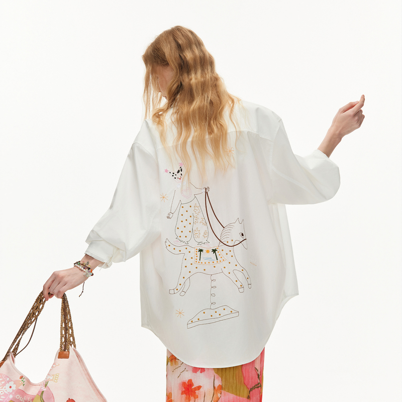Outthe Blue "Fun Circus" Spring New Loose Lyocell Cotton White Embroidered Long-Sleeved Shirt