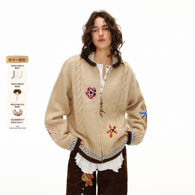 Outthe Blue "Flower Roaming” Embroidered Vintage Zipper Apple Collar Wool Knit Cardigan Sweater Jacket Outthe Blue "Flower Roaming” Embroidered Vintage Zipper Apple Collar Wool Knit Cardigan Sweater Jacket