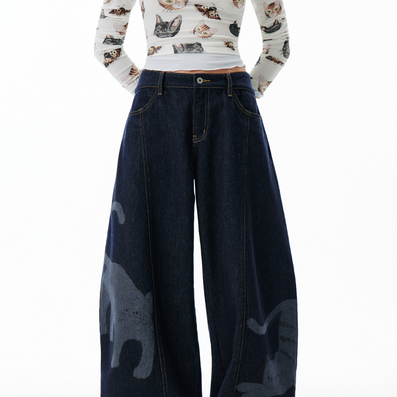 Outthe Blue "Cat Chaser" New Autumn and Winter Original Washed Denim Casual Long Jeans