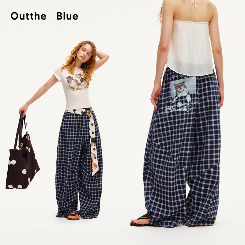 Outtheblue "Love My Cat Summer New Plaid Print Octagonal Pants Loose Casual Wide-Leg Pants Outtheblue "Love My Cat Summer New Plaid Print Octagonal Pants Loose Casual Wide-Leg Pants