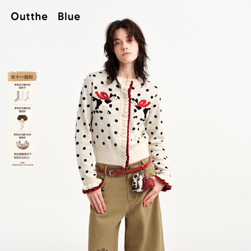 Outthe Blue's New Polka Dot Cat Towel Embroidery Double-Layer Color-Blocked Sweater Cardigan Outthe Blue's New Polka Dot Cat Towel Embroidery Double-Layer Color-Blocked Sweater Cardigan