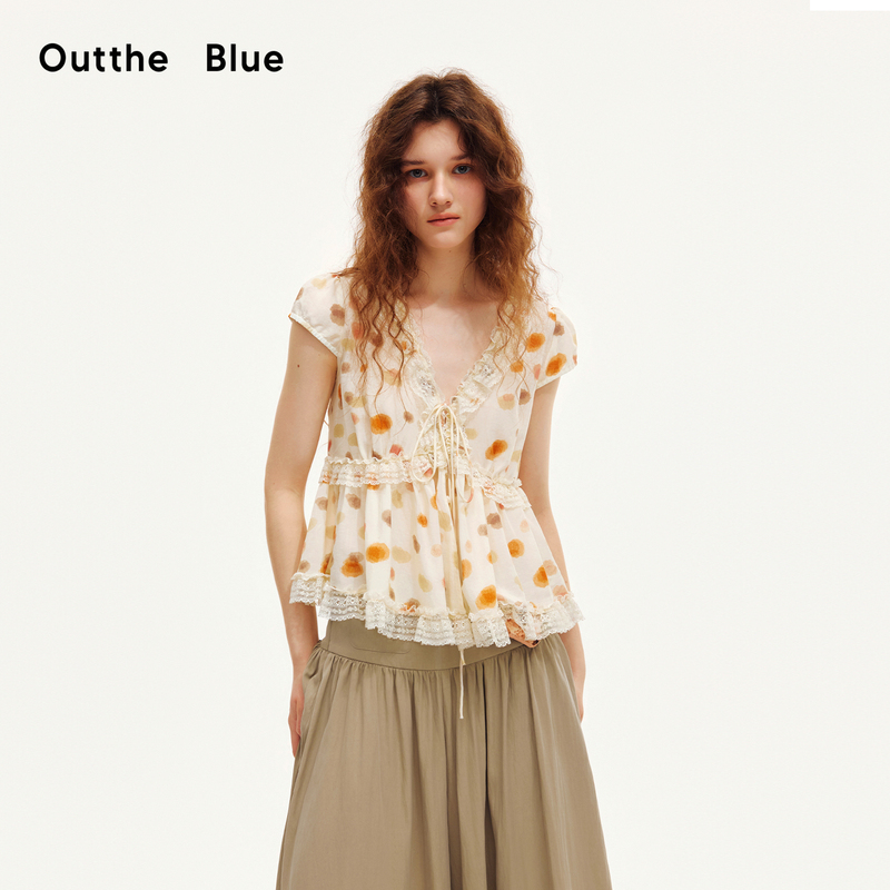 Outtheblue "Orange Cookie" Tencel Linen Patchwork Lace Trim Tie-Up Flutter Sleeve Top Cardigan
