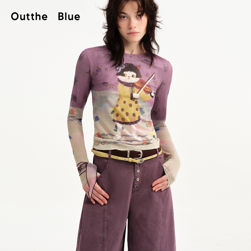 Outthe Blue Cat Performance Notes 2026 Autumn New Printed Slim Fit Mesh Long Sleeve T-Shirt Base Layer