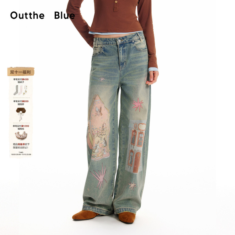 Outthe Blue "Fairy Tale Cottage" Retro Washed Blue Original Print Fun Straight-Leg Denim Pants