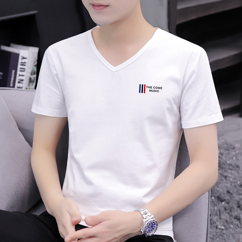 V-Neck Short-Sleeved T-Shirt for Men, Pure Cotton, Loose Half-Sleeved Top, Summer Thin T-Shirt, Youth Peach-Point Collar White Short Shirt