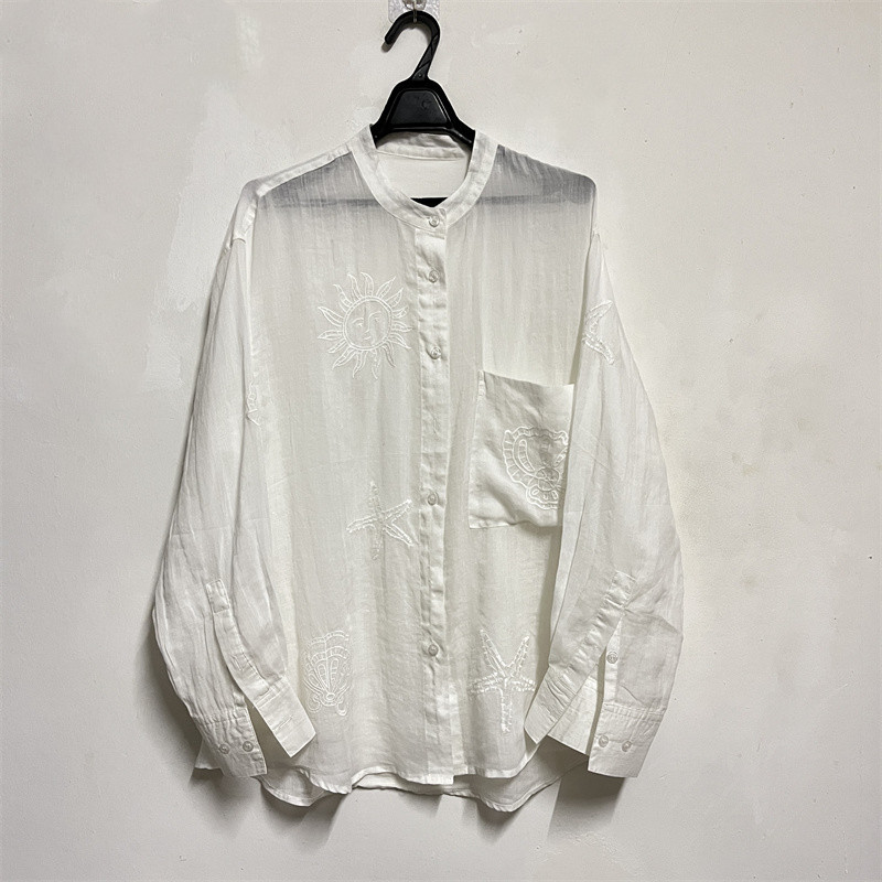 Ed Brand Same Style Sun Protection Shirt for Women, Marine Life Embroidery, Slightly See-Through, Loose Long-Sleeve Embroidered Lightweight Ramie Shirt Ed Brand Same Style Sun Protection Shirt for Women, Marine Life Embroidery, Slightly See-Through, Loose Long-Sleeve Embroidered Lightweight Ramie Shirt