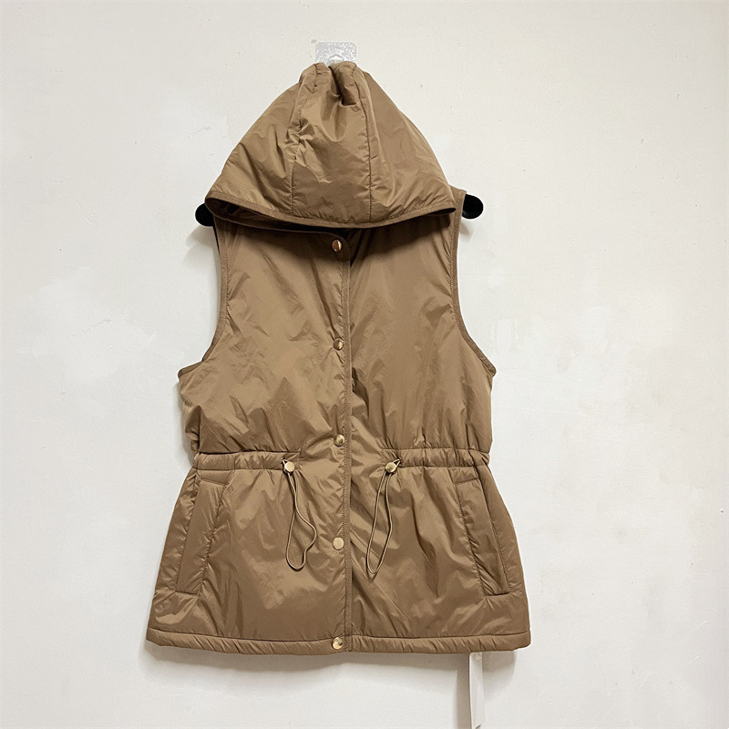 Lightweight and Versatile! Women's New Autumn and Winter Hooded Drawstring Waist-Cinching Sporty Camel Hair-Filled Vest